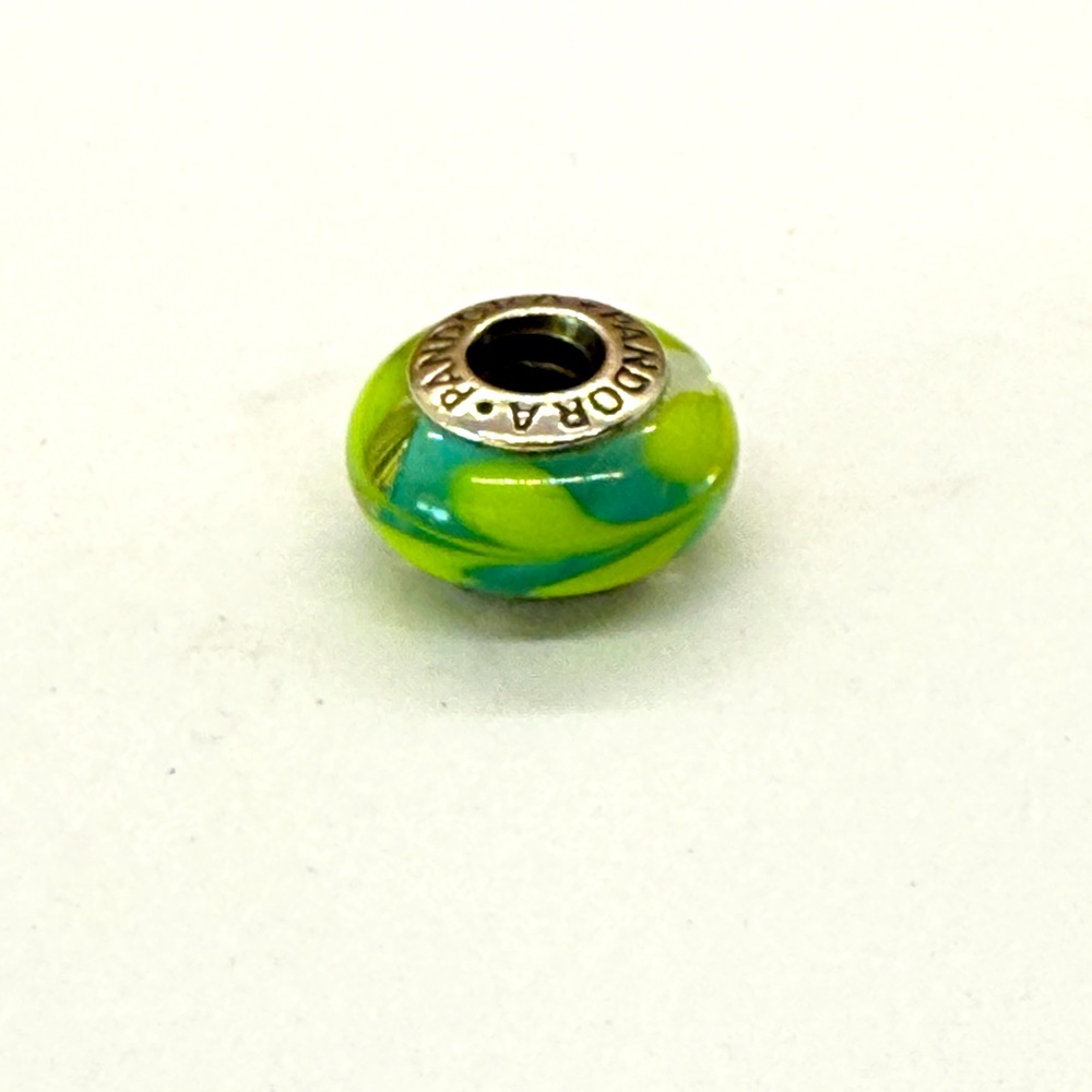 Pandora Sterling Silver Lime Green Polka Dot Murano Glass Charm S925 ALE Retired